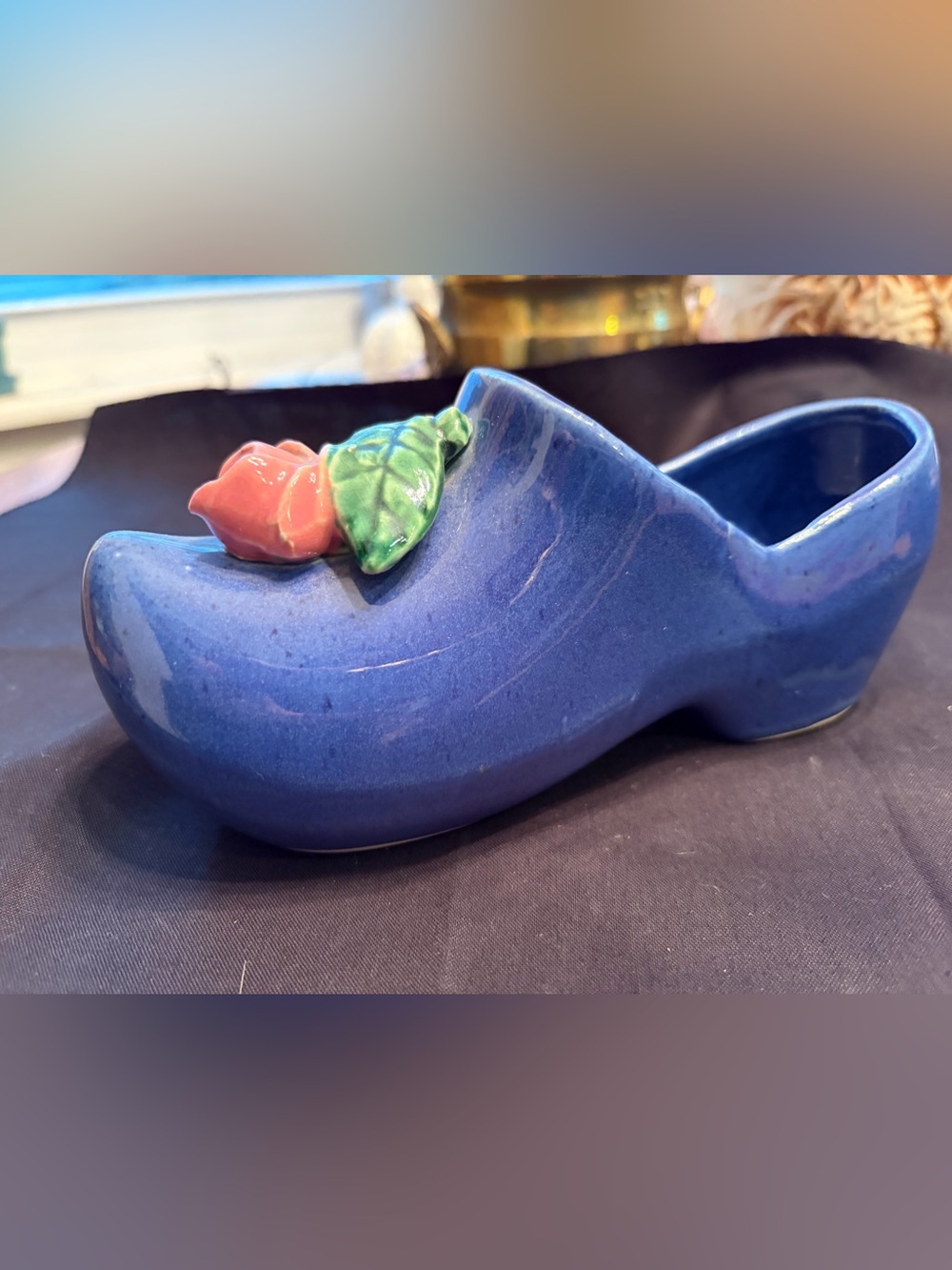 Vintage McCoy Pottery Dutch Shoe Planter Cobalt Blue Pink Rose Floral Ceramic